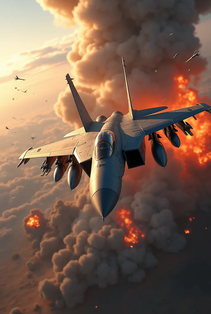 shows a jet fighter flying over an area hit by a large explosion. The aircraft appears to be flying low against a background of high flames and smoke. A large explosion underneath the aircraft produced bursts of fire and debris flying in all directions. Th...