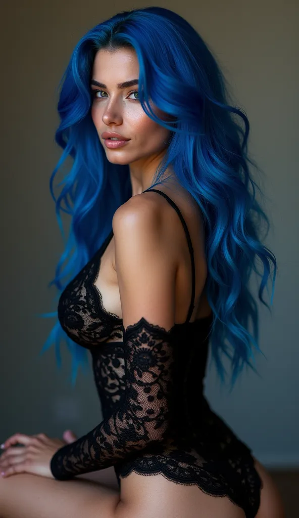 profile-view of A breathtaking influencer with long cascading cobalt-blue hair and curving boobs, wearing black lace body