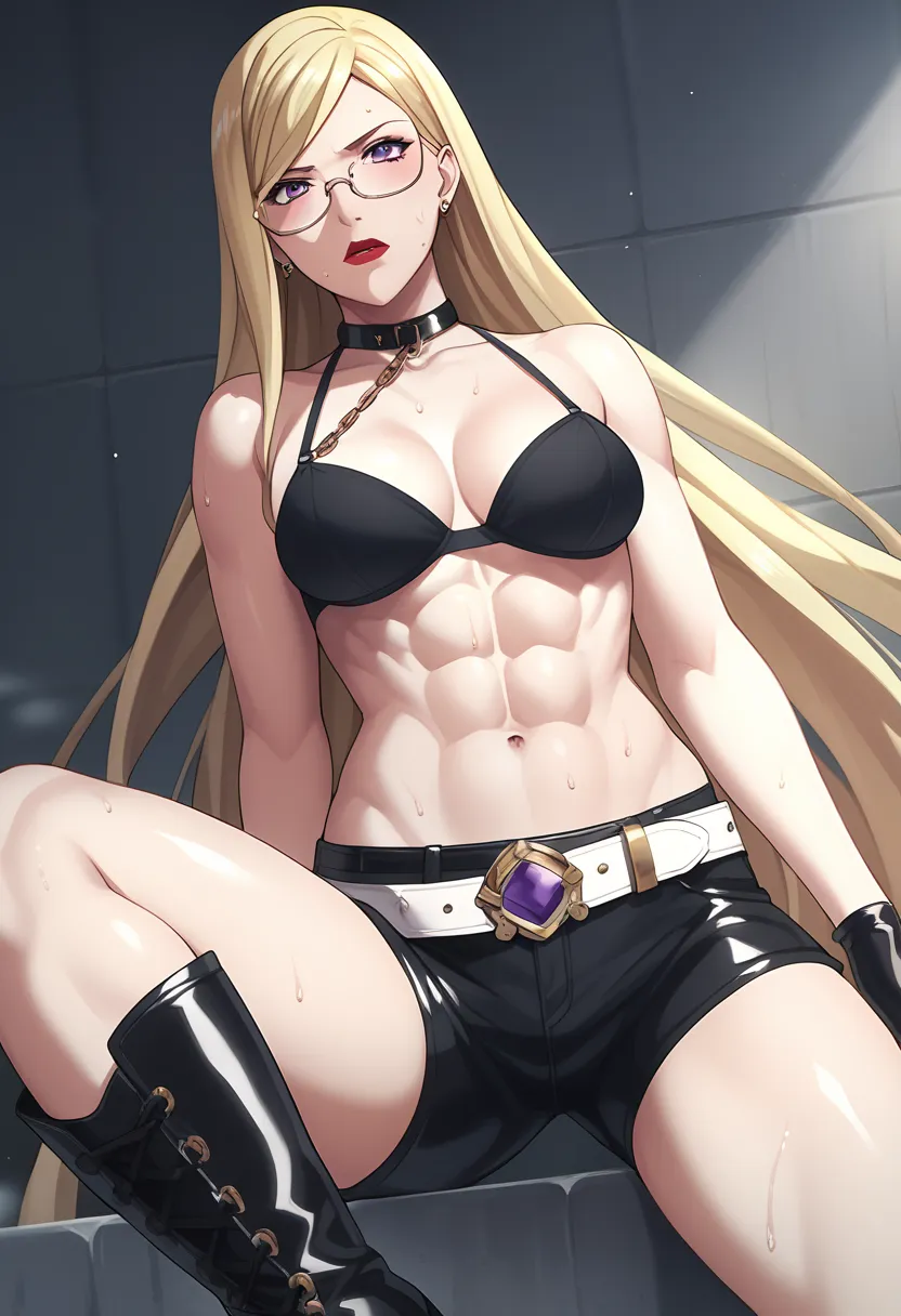 Bishamon, solo, mature, blonde hair, long hair, violet eyes, red lips, abs, eyeglasses, black bra, black shorts, white belt, black gloves, black boots, sweat, chains tied, cold face, medium shot, celestial palace settings, highly detailed