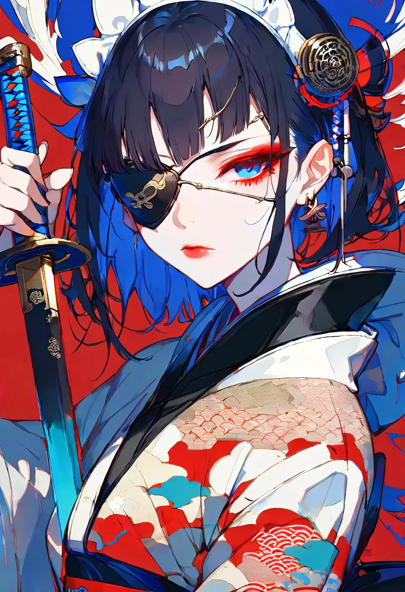 (((1 girl))), ((( flashy makeup))), (((Eye patch on one eye))), (((Japanese pattern hoodie))), ((( Japanese sword))), (((Maid))), Beautiful Japanese Girls,   black hair, Delicate and precise, Modern Ukiyo-e Style, Japanese flag,  Red and blue neon