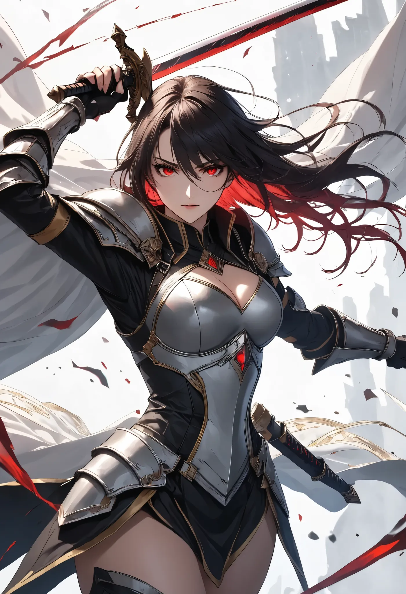 Ultra-high resolution, super detailed, dynamic composition, staring at you, and slash vertical with sword, 
BREAK a female paladin, solo, (holding sword with her hands:1.27, A sword swung down vertically, (lifting it above her head, and after Swings down a...