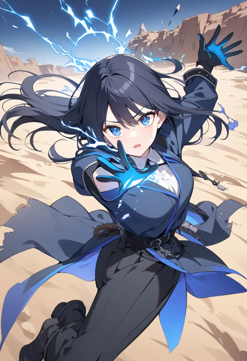 1girl, black long hair, intense blue gabardine with black details, black gloves, black pants, intense blue eyes, serus expresion, in a desert backgorund, detailed clothes, good anathomy, serius expression, with a blue lightings on her body, aura of blue el...