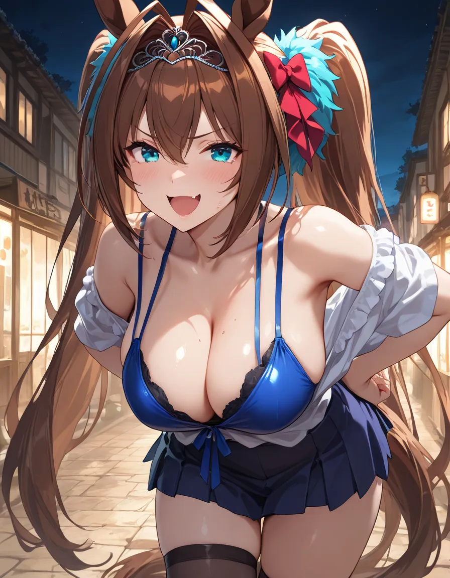 (​masterpiece, top-quality, hight resolution, Unity 8k, extremely details CG:1,Best Picture), 1girl, Daiwa Scarlet (Uma Musume), 'Hey brother, there's a hot girl here. How about we fuck?’ Prostitute addressing passer-by, location: brothel, prostitute sexua...