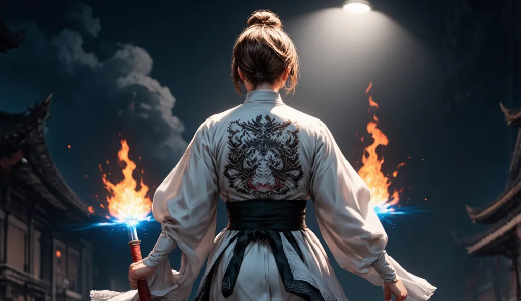 A samurai wearing a white kimono walks from behind、The kimono has a tiger embroidery、The embroidery is white、In his right hand she holds a sword、Aura of blue flames emanates from the demon sword、The background is a dark, dramatic and mystical atmosphere, w...