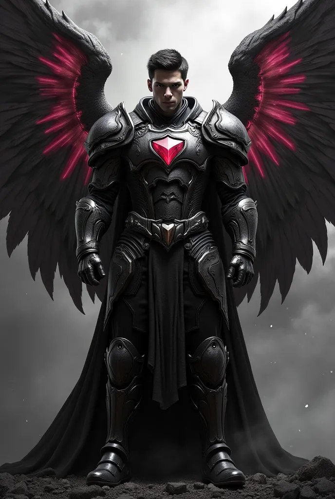 Warrior angel in a epic pose, picture black and white only the angels wings are colored 