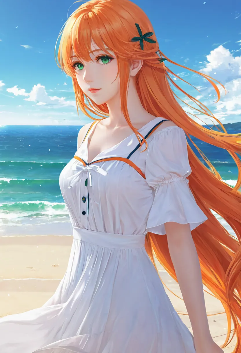 Anime girl with long orange hair, standing on the beach near the ocean, green eyes detailed digital anime art, Anime girl with long hair, гладкое аниме cg art, Anime girl with long hair, digital anime art, work in Guweiz style, Beautiful anime portrait, Ph...