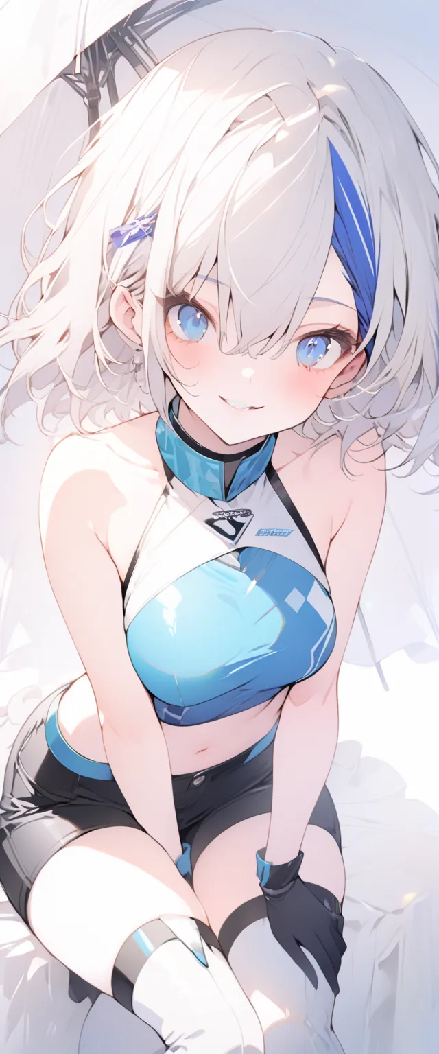 beautiful, masterpiece, Highest quality, anime, One girl, C Cup,Portrait Shot, View your viewers, Intricate details,>,((Covered、Short Hair、nearby、Blue Eyes、art、、White hair,Blue streaked hair、wallpaper、、hairpin、smile、Thighs、navel、Plainer_Race Queen、Plainer_...