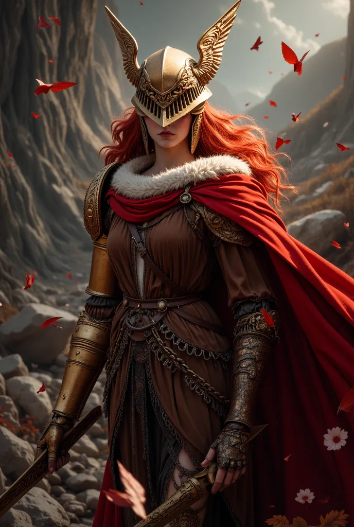 red-haired woman, winged helmet, sword, red cape, sharp image, realistic image, hdr image, realistic illumination