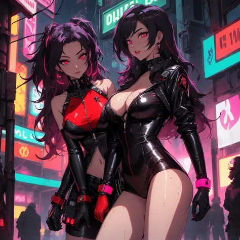 A captivating cyberpunk woman named Selene Veyra, radiating dominance and temptation. She has glowing red eyes and long, dark hair with neon red streaks. She wears a sleek, form-fitting black leather and silk outfit with crimson accents, highlighting her v...