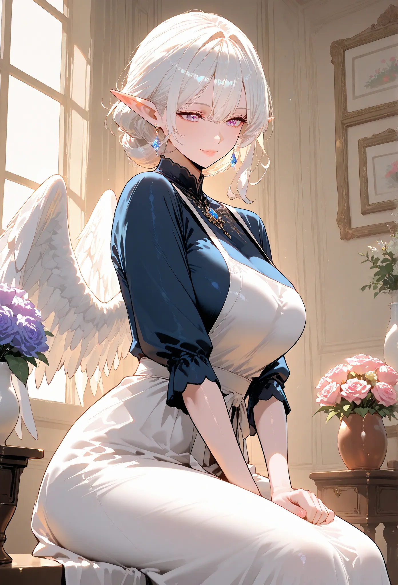 (masterpiece, high resolution, 2k resolution, best quality), (1girl, perfect anatomy, perfect face), ((white hair), wavy hair, short hair), (pastel violet eyes, perfect eyes), blue medieval dress, white apron), Narrow shoulders, ((sitting), white wings on ...