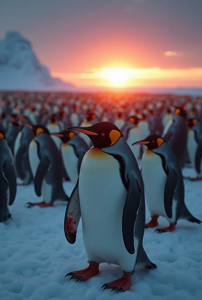 A vast Antarctic landscape at sunset, covered in ice and snow. In the distance, a massive colony of penguins stands unnaturally still, their eyes glowing red. Some begin to move forward, revealing sharp, blood-drenched beaks. The sky is darkening, casting ...