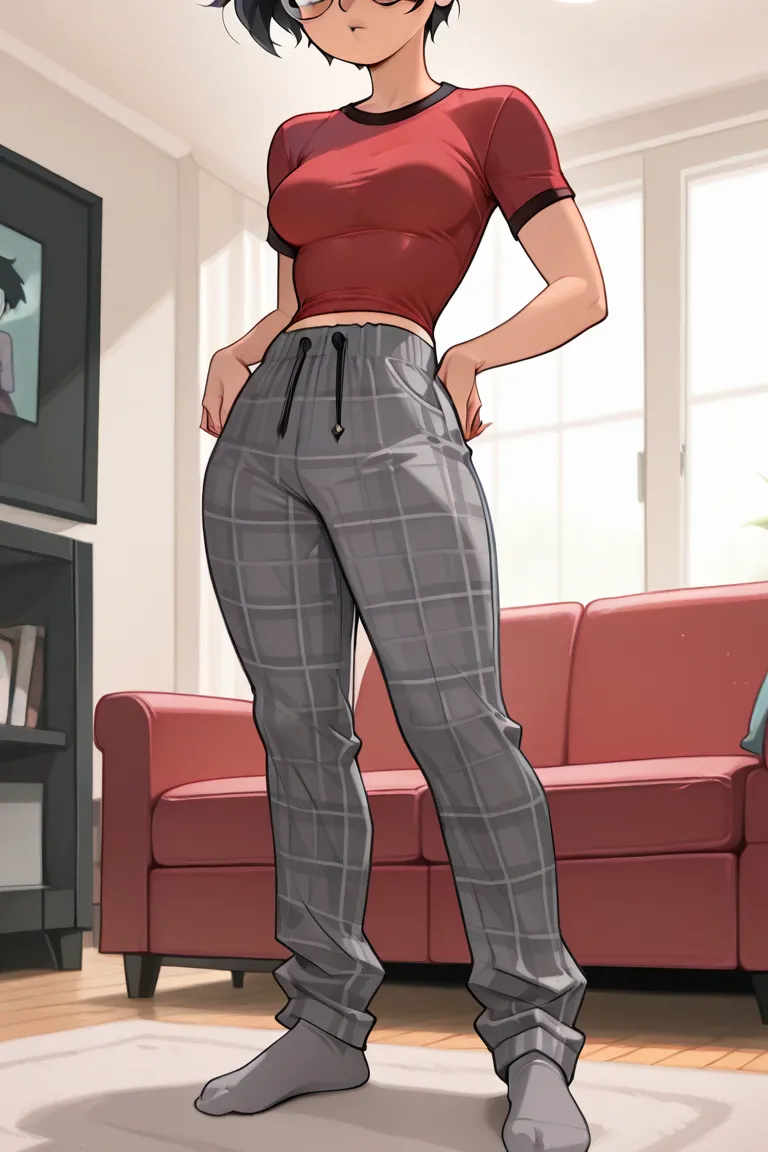 masterpiece,best quality,absurdres, (close-up:1.2), ((1girl)), dani phantom, medium breasts, hips, short hair, petite, ((tomboy clothes)), black hair, messy hair, green eyes, ((glasses)), full body, grey socks, no shoes, living room, ((baggy gray plaid pan...