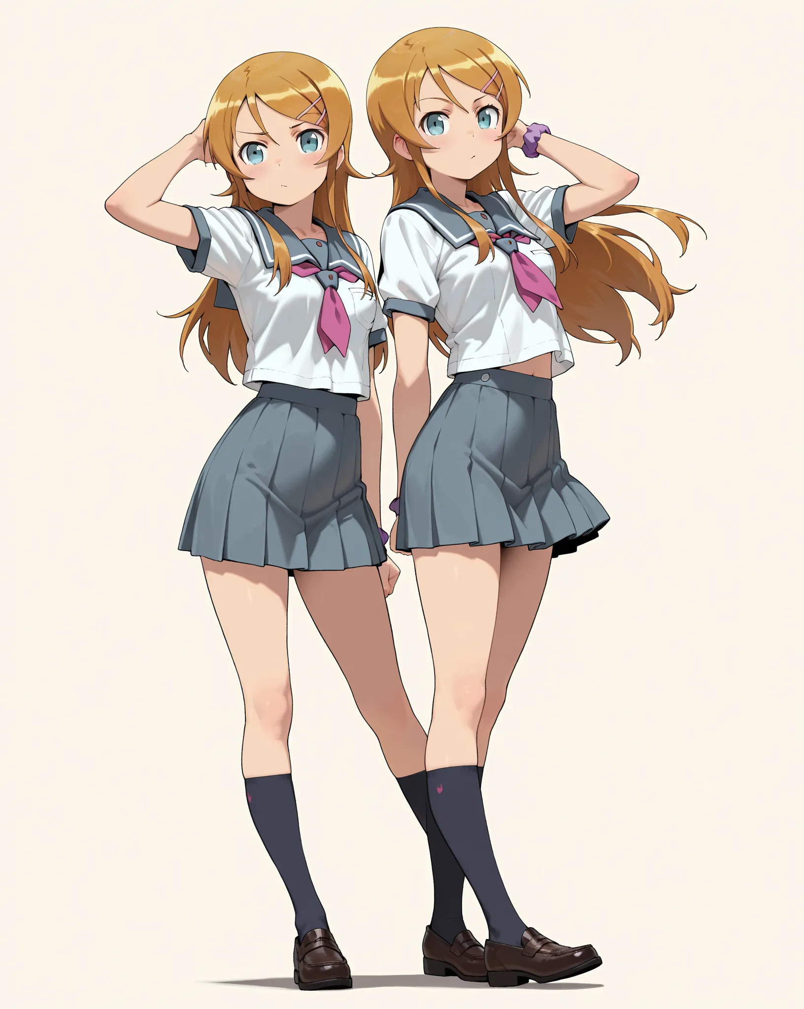 (Anime style), (masterpiece, best quality, hyper detailed, Full-HD, 16k, absurdness), break ( 1girl , Alone, 14yo, kousaka kirino, petites, height 1.65meters , Slim 45kg,  long hair, small breasts:1.2, hair clip for hair, orange hair, schools, sailor suit,...