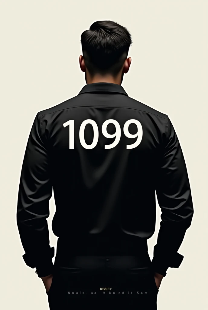 Make me photo to make logo , a man with his back , wear black , behind there is his shirt with the number 1099 so he stands a little closer 
