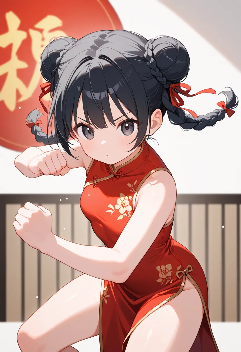 One Girl、 black hair、braids、red china dress、 Martial Arts Stance、motion blur,top quality、High Resolution