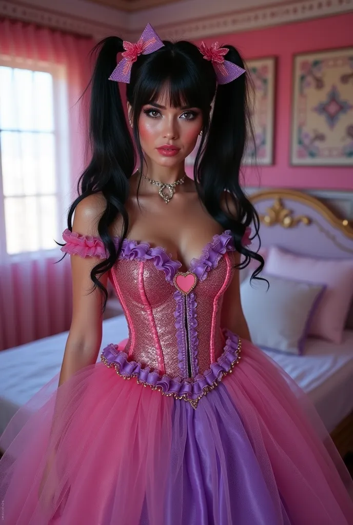 beautiful ((european)) ((french)) bimbo sexy woman, Standing in spaceship bedroom, adult, woman, mature, older, 
(black twintails), 
 puffy puffy puffy pink and purple princess dress with ribbons and bows and glitter and glossy,
, ashamed, bright blush, sm...