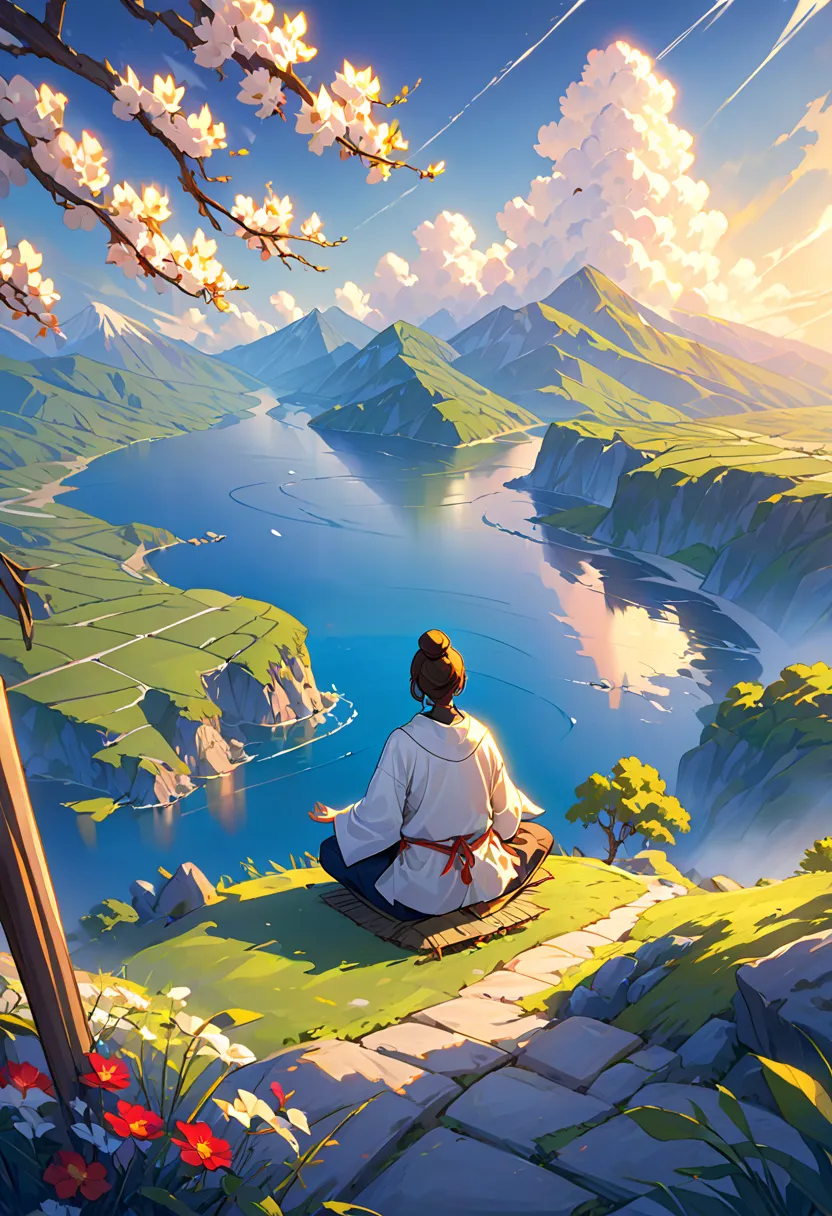  I draw an image of a person meditating while admiring a wonderful landscape,  This art requires great lighting 