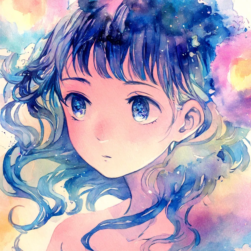 "A surreal scene of a young girl falling gracefully through a dreamlike void, surrounded by a mesmerizing explosion of watercolor splashes in vibrant hues of blue, purple, pink, and gold. Her hair flows weightlessly as she descends, her expression calm yet...