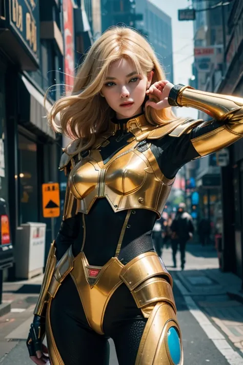 Beautiful girl in a futuristic suit walks down the street., orange armor, Beautiful cyberpunk girl face, Blonde Hair, blue eyes, intricate detailed, Portrait of a female man, very high details, Realistic photos, 8k, UHD, hyperdetailed, (Dynamic Poses:1.4),