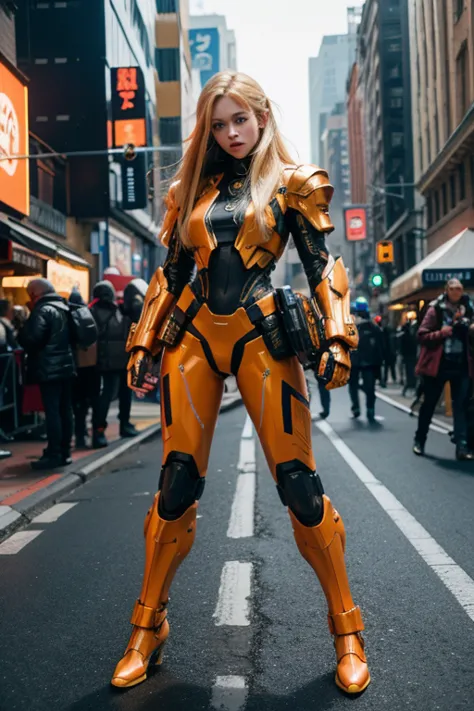 Beautiful girl in a futuristic suit walks down the street., orange armor, Beautiful cyberpunk girl face, Blonde Hair, blue eyes, intricate detailed, Portrait of a female man, very high details, Realistic photos, 8k, UHD, hyperdetailed, (Dynamic Poses:1.4),