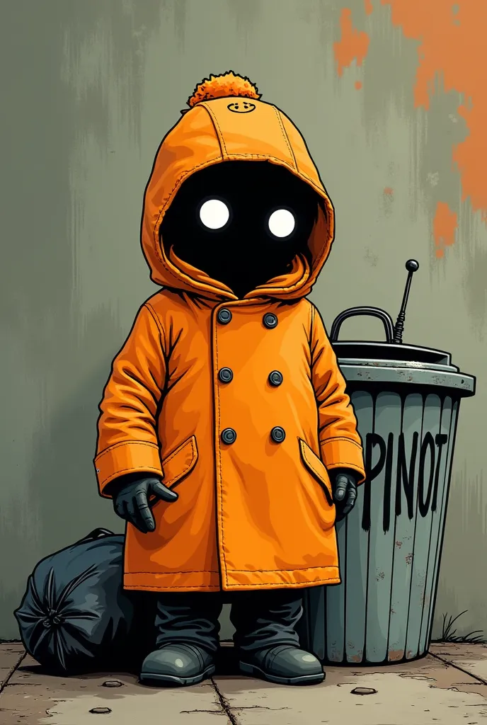 "A mysterious, short character wearing an oversized orange raincoat with large buttons. The coat has broad shoulders that curve inward, concealing most of the character's face, leaving only two round, white eyes visible against a completely black face. The...