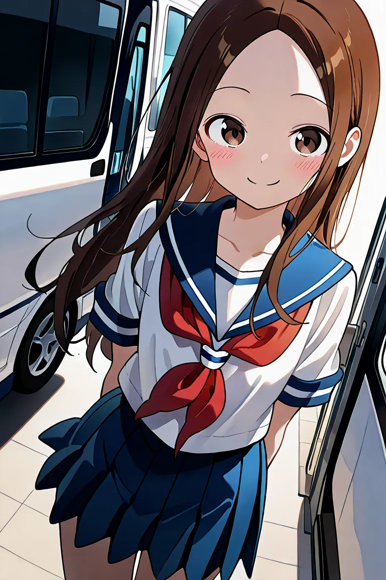 (())、nsfw, masterpiece,  top quality ,  High Resolution, very detailed ,\(Good at teasing\),  long hair、 brown hair、   split van ,amount、collarbone、  sailor suit 、  sailor color  、   red neckerchief 、  white shirt、Short sleeve、  Pleated Skirt、  blue skirt ...