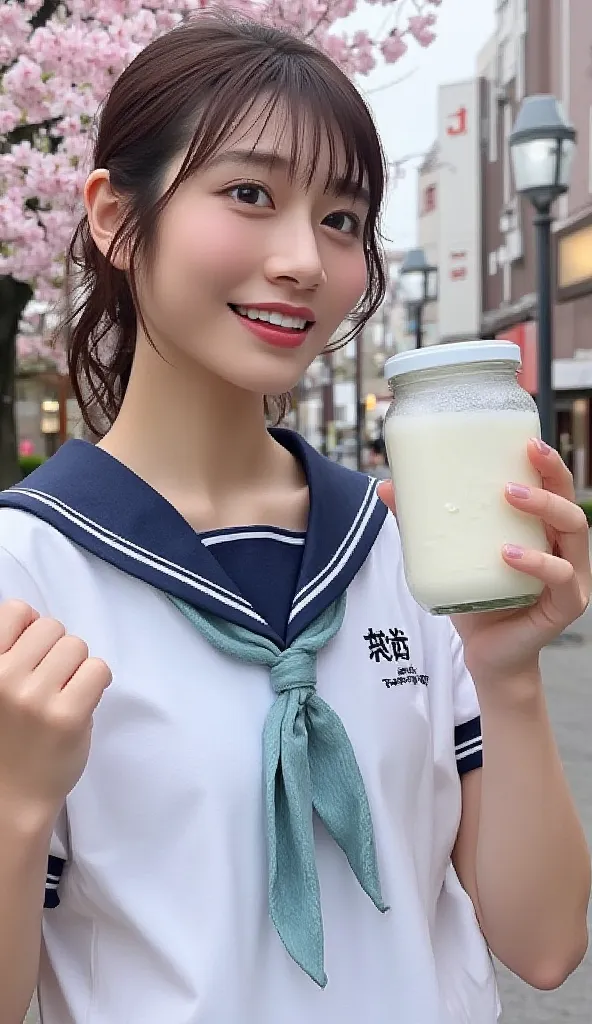 young Asian woman, likely in her late s, is centrally positioned in the image. She is wearing a white school uniform-style sailor fuku (jacket and skirt) with navy blue accents and a matching navy blue necktie. She has short, dark hair and a joyful, open-m...