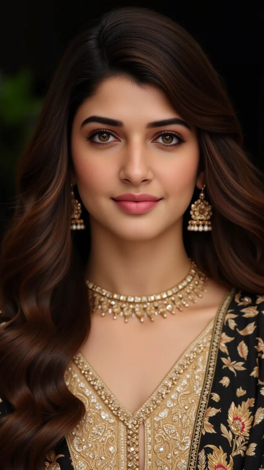 A beautiful indian woman, wearing traditional indian dress, posing for a gold jwellery photo shoot, long curly hairs upto her shoulder, rebrandt style lighting, dramatic light

