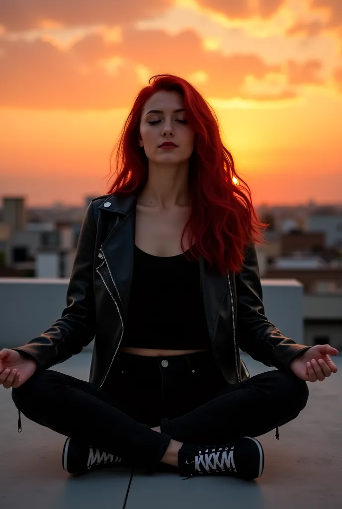 A beautiful red-haired girl 25-30 years old with red wavy long hair in a black leather jacket, black top and jeans , wearing sneakers meditating on the roof, full-length photo, Sunset