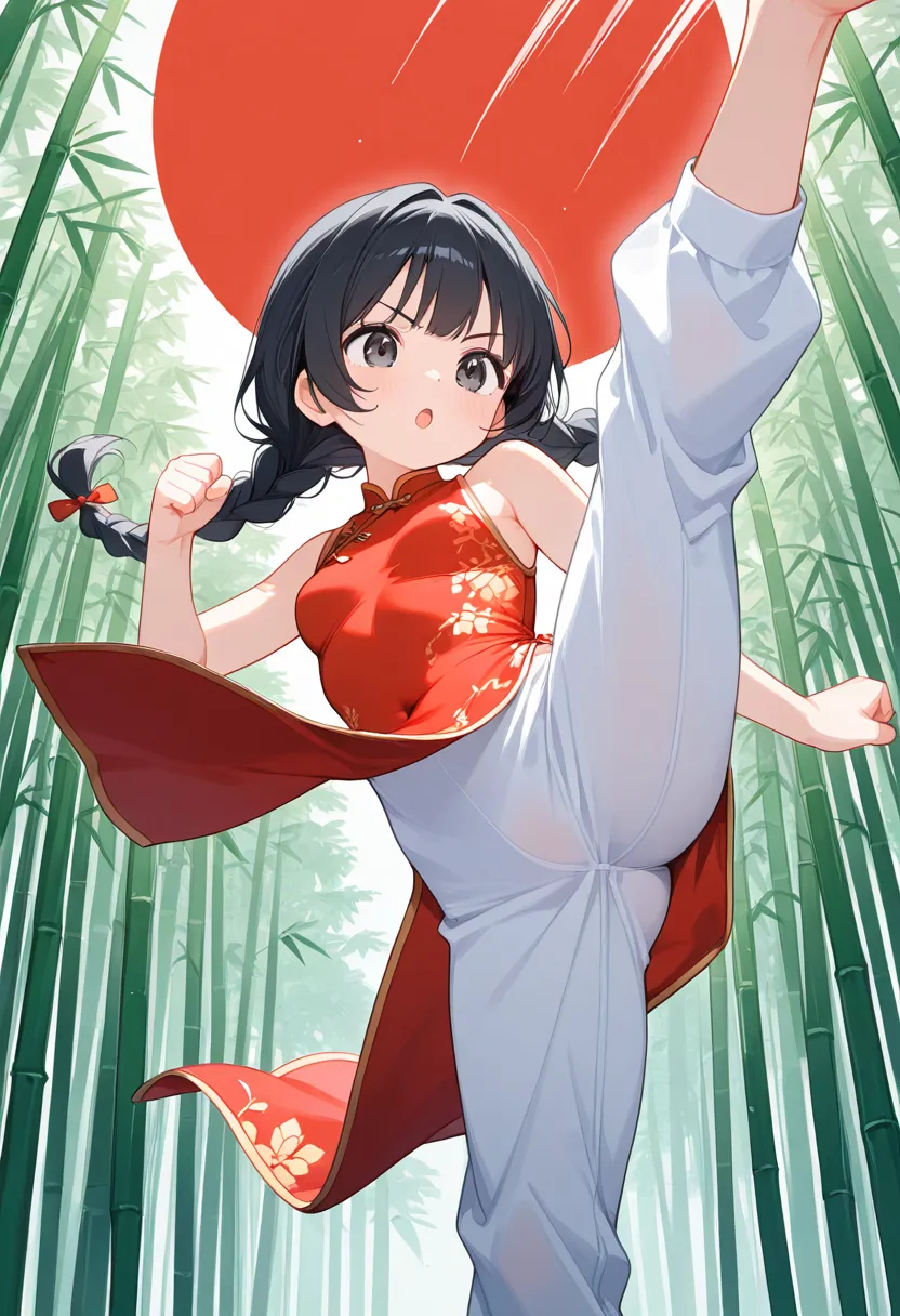 One Girl、 black hair、braids、red china dress、martial arts、jumping kick,bamboo forest、motion blur,top quality、High Resolution
