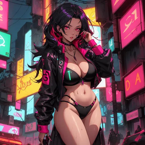 A stunning cyberpunk woman named Selene Veyra, exuding dominance and temptation. She has glowing red eyes, long dark hair with neon red streaks, and wears a futuristic, sleek black and crimson bikini with metallic details. Her voluptuous curves, large brea...