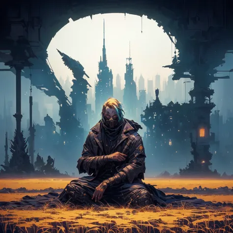 a man sitting on a blanket in a field with a city in the background, just art for dark metal music, beksinski and dan mumford, dark fantasy sci fi, ( ( ( ( ( dan mumford ) ) ) ) ), inside an gothic dystopian, fantasy cyberpunk horror, in the style dan mumf...