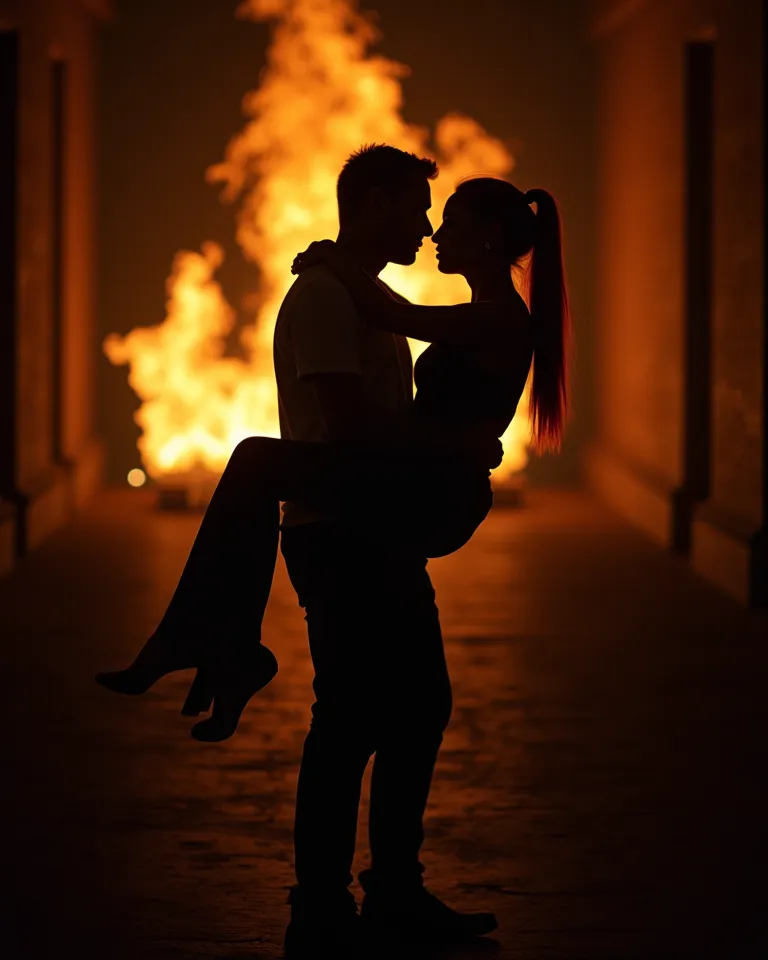 A narrow corridor, dark and shadowy. Large flames rage in the background, casting an eerie glow. In the foreground, a man holds a red-haired woman in his arms. Her hair is tied back in a ponytail. Their silhouettes stand out against the fire. The man's hea...