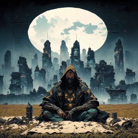 a man sitting on a blanket in a field with a city in the background, just art for dark metal music, beksinski and dan mumford, dark fantasy sci fi, ( ( ( ( ( dan mumford ) ) ) ) ), inside an gothic dystopian, fantasy cyberpunk horror, in the style dan mumf...