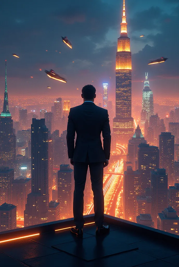 "A futuristic, ultra-modern digital painting featuring a successful businessman standing confidently on a skyscraper rooftop, overlooking a vibrant, glowing city skyline at night. The figure is dressed in a premium suit, wearing a luxurious watch, and exud...