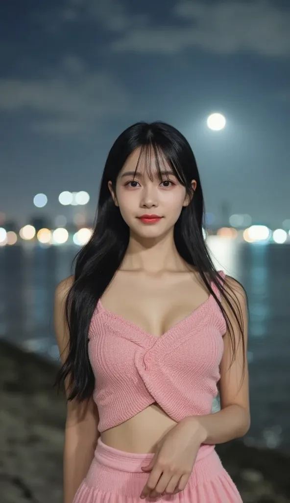 face camera，facing the audience，stand up，high-definition，masterpiece，daughter，black hair，long hair shawl，Long hair flowing past shoulders，Off the shoulders，clavicle，delicate face，Hydrating red lips，pink skirt，knitwear，exposed calf，clavicle，face camera，sing...