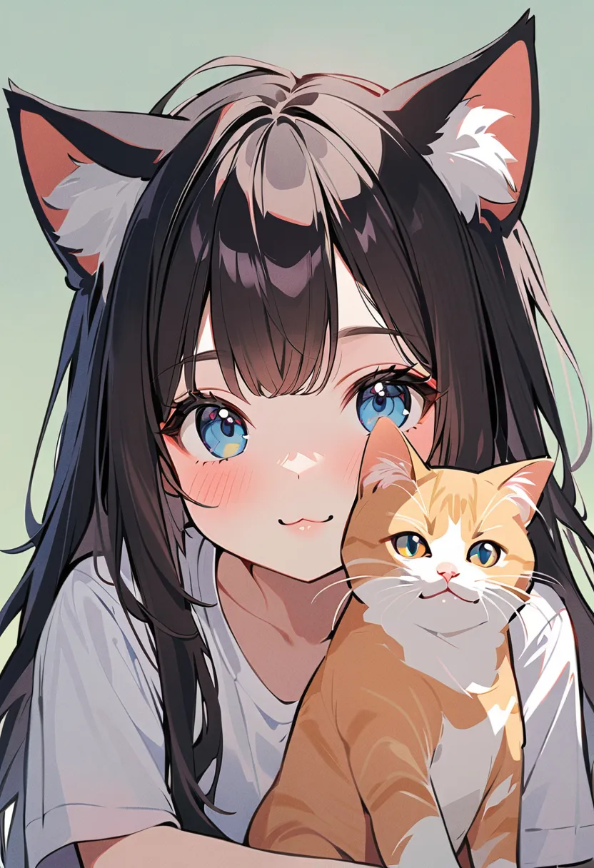 1girl, animal_ears, cat, black_hair, blue_eyes, animal_ear_fluff, looking_at_viewer, long_hair, cat_ears, animal, blush, shirt, simple_background, grey_background, closed_mouth, upper_body, :3, white_shirt, smile, solo