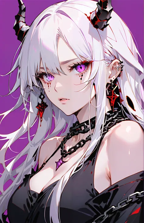 Illustrator,It is true ,draft , 1 woman,Lips, order,  gradient purple background, Neon hair,Texture Trim, burserk charecter , ( Masterpiece,Highest quality), Wearing a black dress , conjunctivitis , white long hair ,  very long hair, blood necklace,  matur...