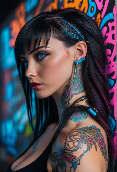 hyper-detailed portrait of a 24 years woman, profile, overhead shot, low head, cyberpunk, tattoos, perfect blue eyes, direct gaze, bright colors, very high contrast, side lighting, hair straight half-length hair, straight bangs, hair covers half the face, ...