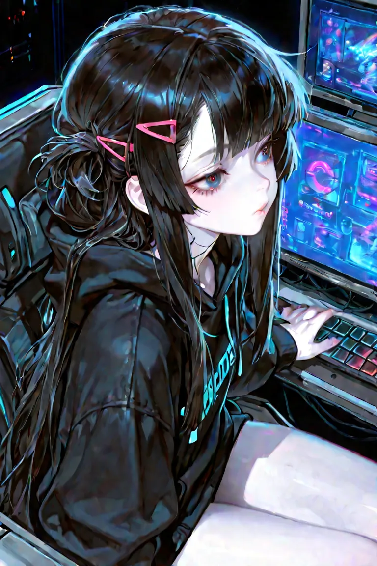 "Long waist-length hair,with black hair , Hime cut ,  light skin, and  , A.  black hoodie  .  A girl is sitting  , boy with futuristic clothes is sitting , makes me fully focus on the girl's personality , A girl, Solo, High Resolution, 걸작, anatomically acc...