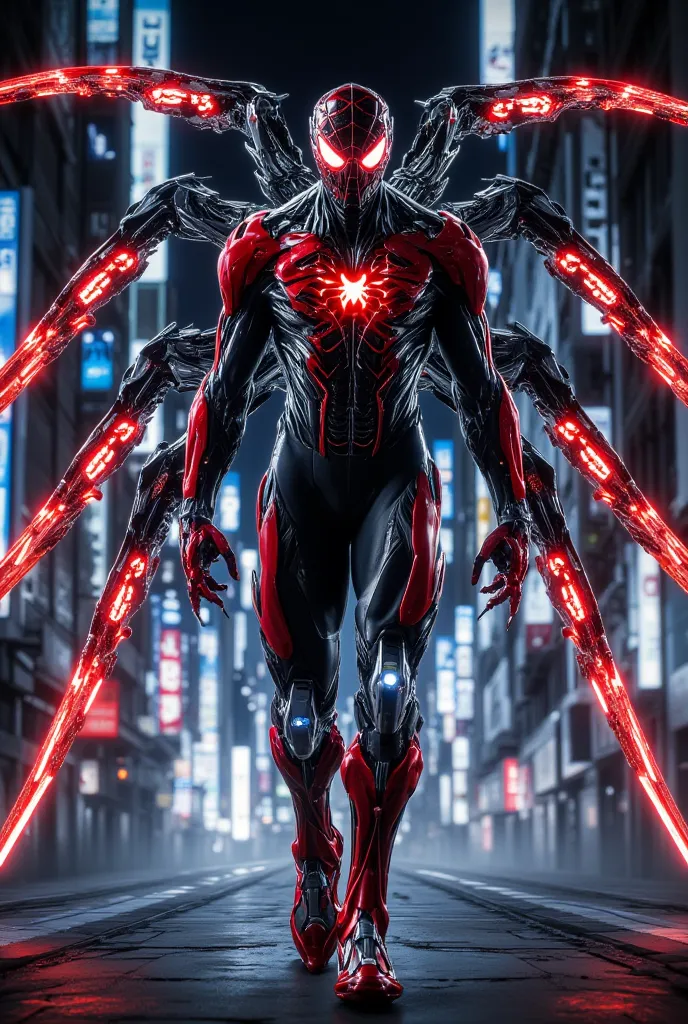 "Create a video of Spider-Man in a futuristic, high-tech mecha suit with a sleek, red and black design. The suit has glowing web patterns running across it, and advanced spider-like mechanical limbs extend from the back. As he walks toward the camera, the ...