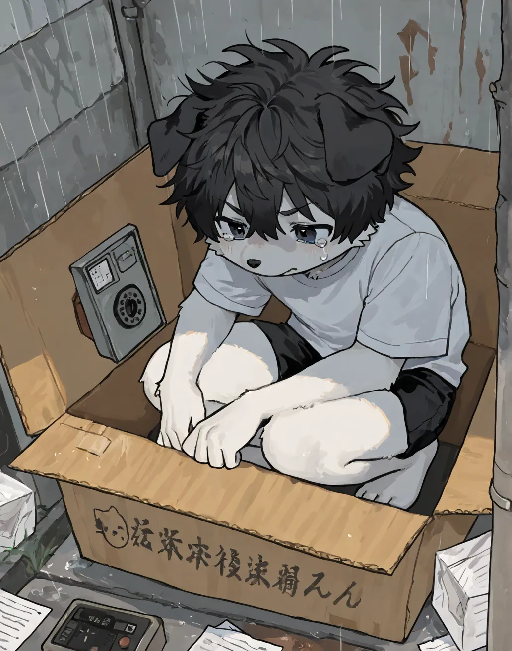  source_ furry, hadrian , furry male， elementary school students，((boy    )),  Dog boy      ，short hair,masterpiece, newest,absurdres, incredibly absurdres, messy hair，Horizontal paper box，Telephone pole ，alone，barefoot，white shirt， in the box, in a contai...