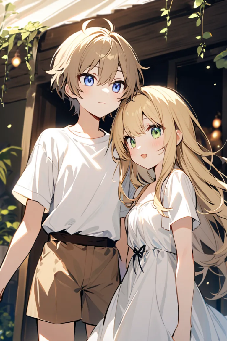 An adorable girl ren couple. First girl has long light brown hair and blue eyes, wearing a bold white shirt and brown shorts. The second girl is a little shorter than the first, has long blonde hair and green eyes, wearing a simple white dress.