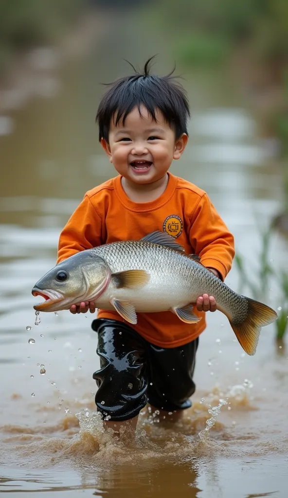 A chubby two-year-old Chinese , wearing an orange shirt and black pants, standing in knee-deep muddy water. He is carrying an enormous fish, five times his size, resting on his belly and holding it firmly with both hands. His face is lit with joy as he wal...