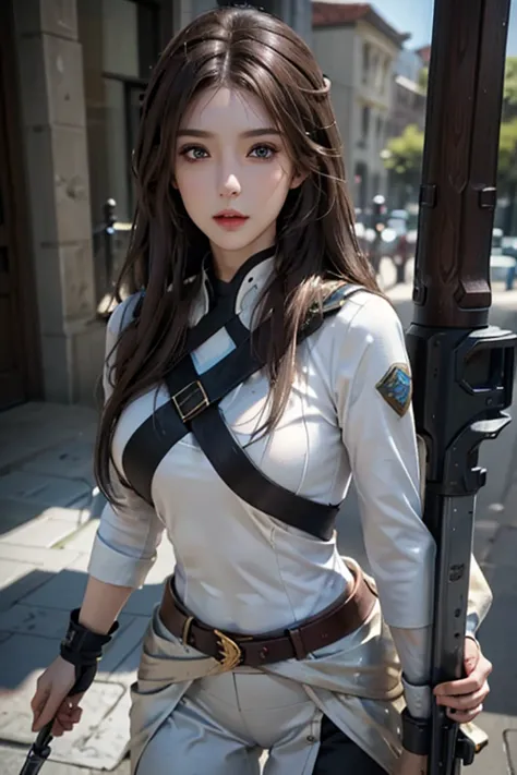 photorealistic, high resolution, 1 women, solo, hips up, look at viewer, (detailed face), brown hair, long hair, innocent blue eyes, super detailed face, 8k ultra detailed, soldier girl, weapon, black custom