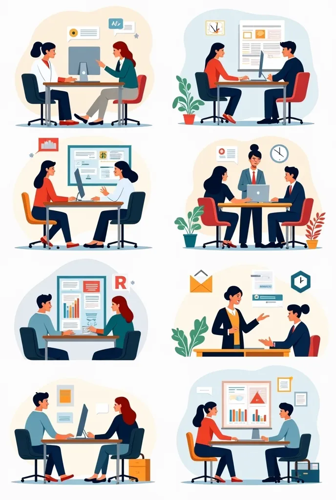 "Create a series of illustrations that represent the Administrative Support program at CETPRO Augusto Salazar Bondy. Include images of:

Students working in an office environment, collaborating and using computers.
A modern classroom with an instructor tea...