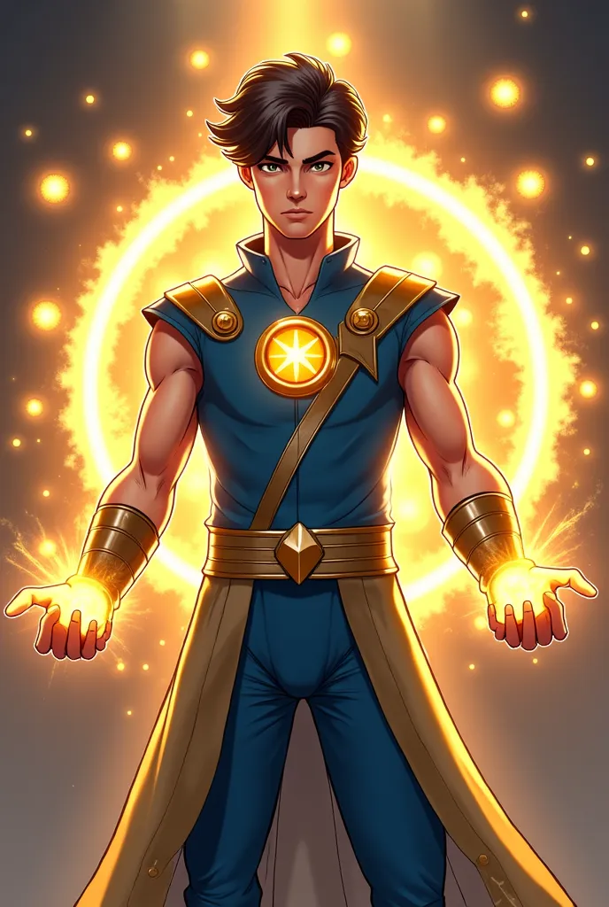 “Full Body action scene. A Teleporting-powered 25-year-old Olive-toned White male Warrior in a skinny, Blue outfit with gold metal details. The outfit has a Gold metal Macedonian Sun symbol on the chest. He is creating Golden magic spheres around his hands...