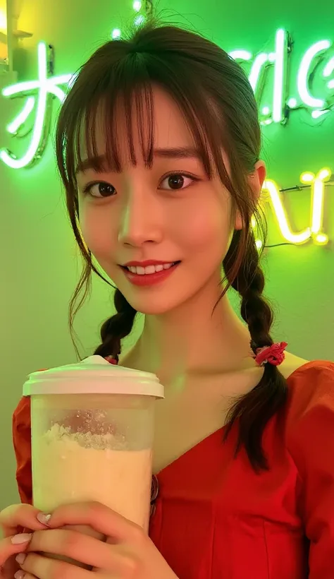 young Asian woman, positioned in the center of the image, is holding a glass jar with a white lid. She has vibrant red, braided  red hair pigtails and a youthful appearance. She is wearing a red, satin-like dress with a slightly fitted bodice and a full, p...