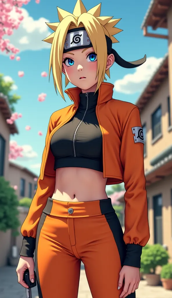 A realistic reimagination of Naruto Uzumaki as a vibrant and confident young woman. She has fair skin, bright blue eyes, and short, spiky blonde hair with soft bangs framing her face. She wears a tight-fitting orange and black jumpsuit with a modern, femin...