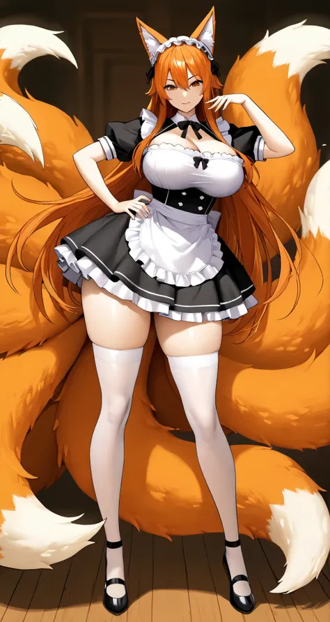 Anime high detailed, 1 girl (kitsune), big bosom (buxom), Orange fluffy long hair, curvy body, nine tails, maid uniform, reverence pose